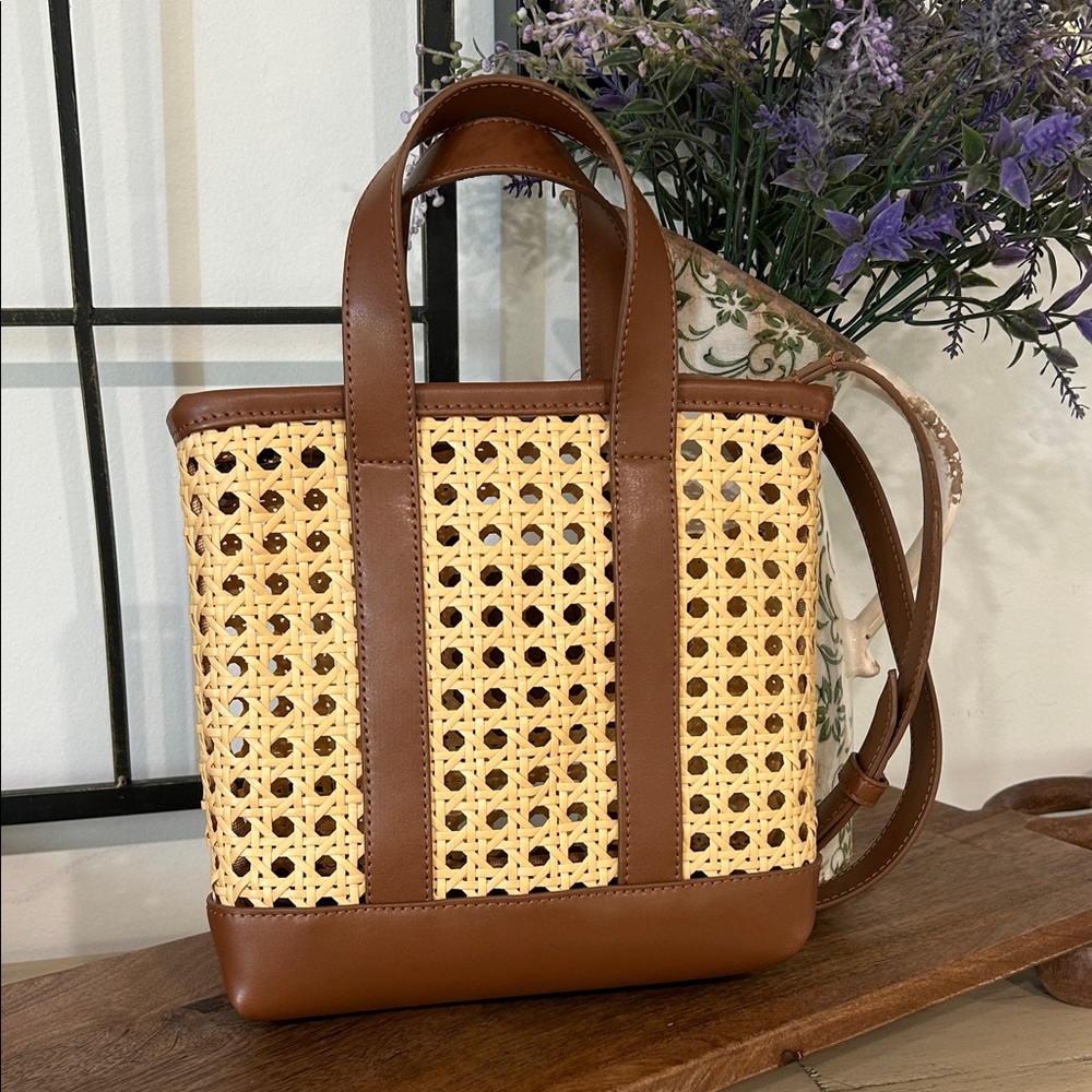 J. Crew Brown Leather and Natural Woven Crossbody Bag - Picture 2 of 3